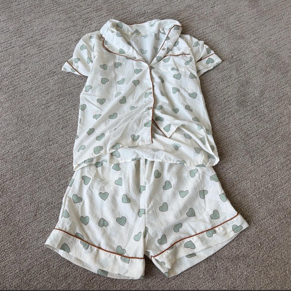 S Matching heart pajama set - shorts with pockets and short sleeve collar shirt